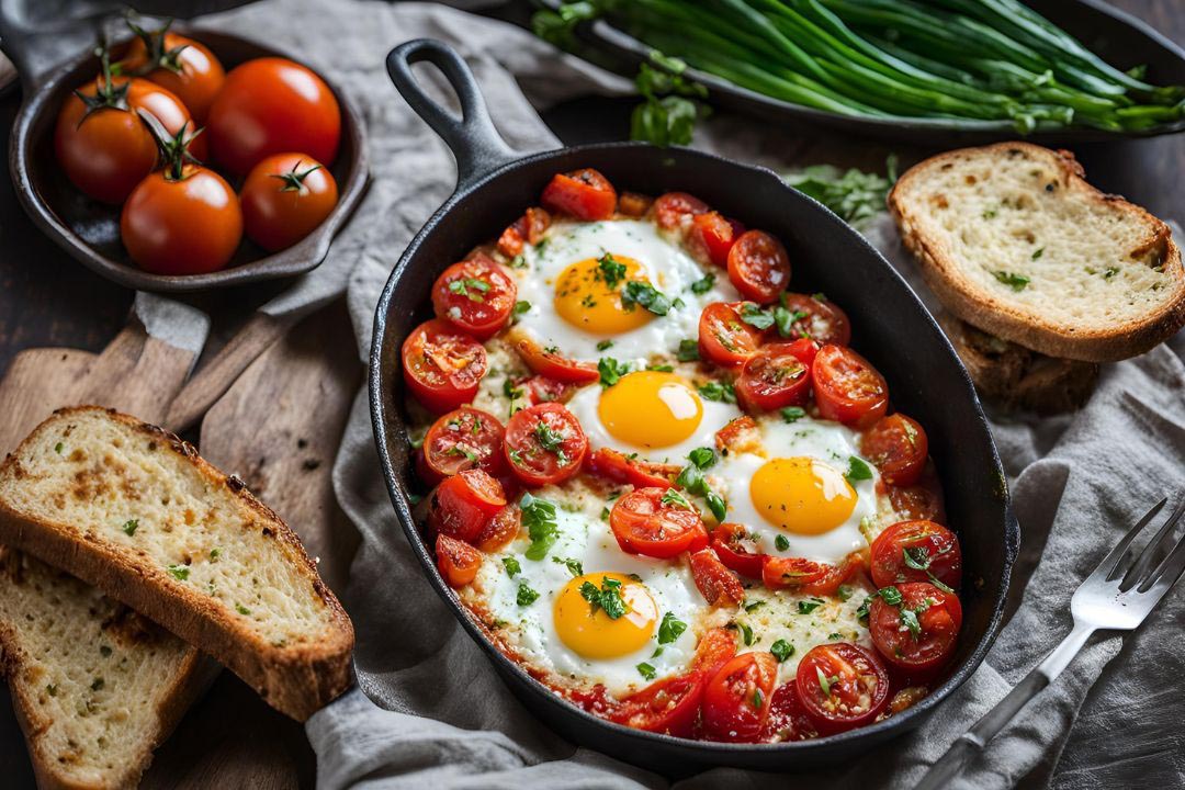 Pomodori al forno con aglio, uova e cipollotto
